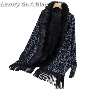 Plush Faux Fur Leopard Retro Fringe Boho Oversized Poncho Knit Cardigan Jacket